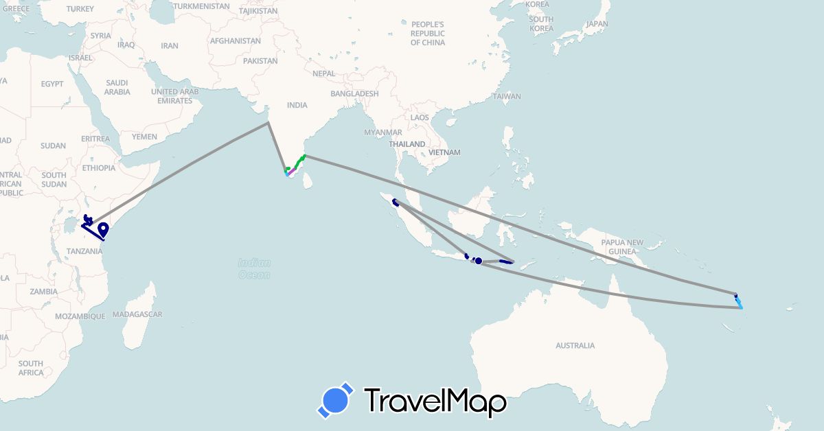 TravelMap itinerary: driving, bus, plane, train, boat, motorbike in Indonesia, India, Kenya, Vanuatu (Africa, Asia, Oceania)